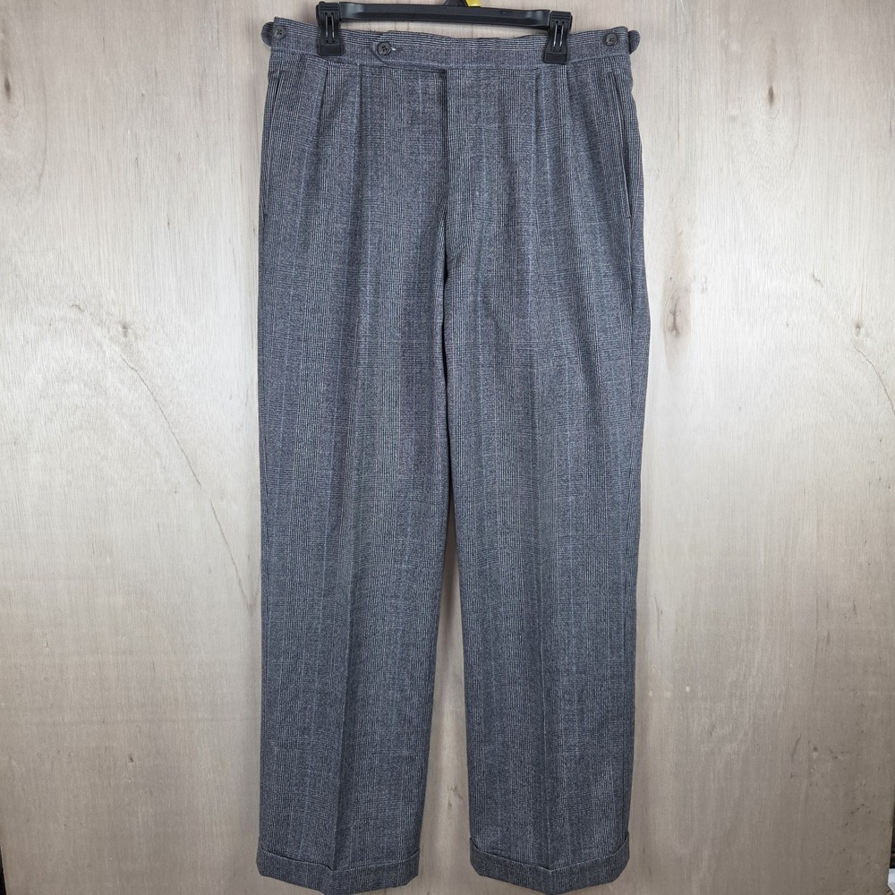 Vintage Country Britches Gray Glen Plaid Dress Pants Mens 34x32 Pleated Cuffs